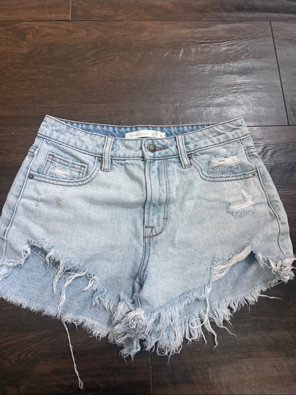 Altar'd State Faded Light Blue Frayed Denim Shorts